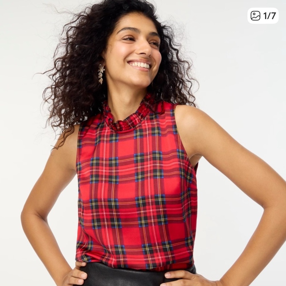 J.Crew Red Tartan Plaid Ruffleneck, bow back top - Picture 6 of 7
